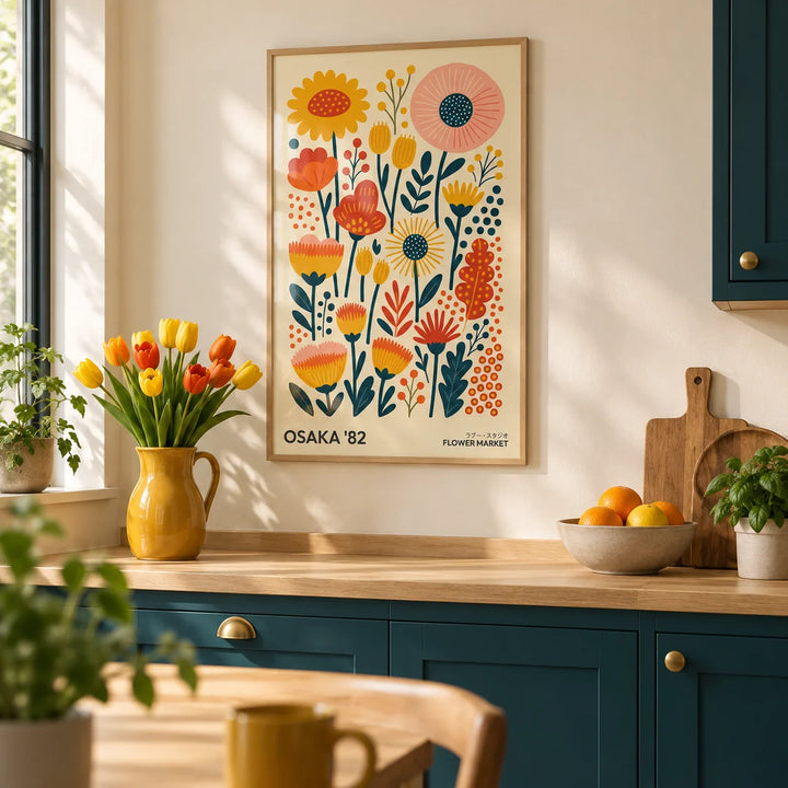 Wall Art Flowers, framed on the wall of a cheerful modern kitchen with solid dark teal cabinets and a pale oak worktop