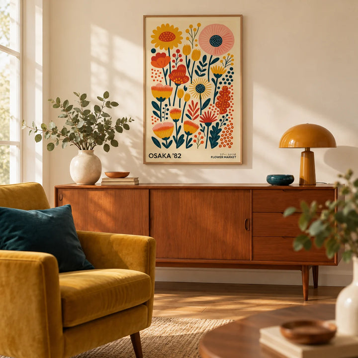 Wall Art Flowers, framed on the wall of a mid-century style living room