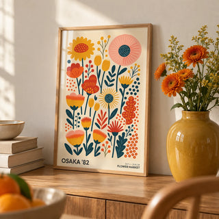 Wall Art Flowers, a small A4 framed print leaning on an oak shelf in a living room