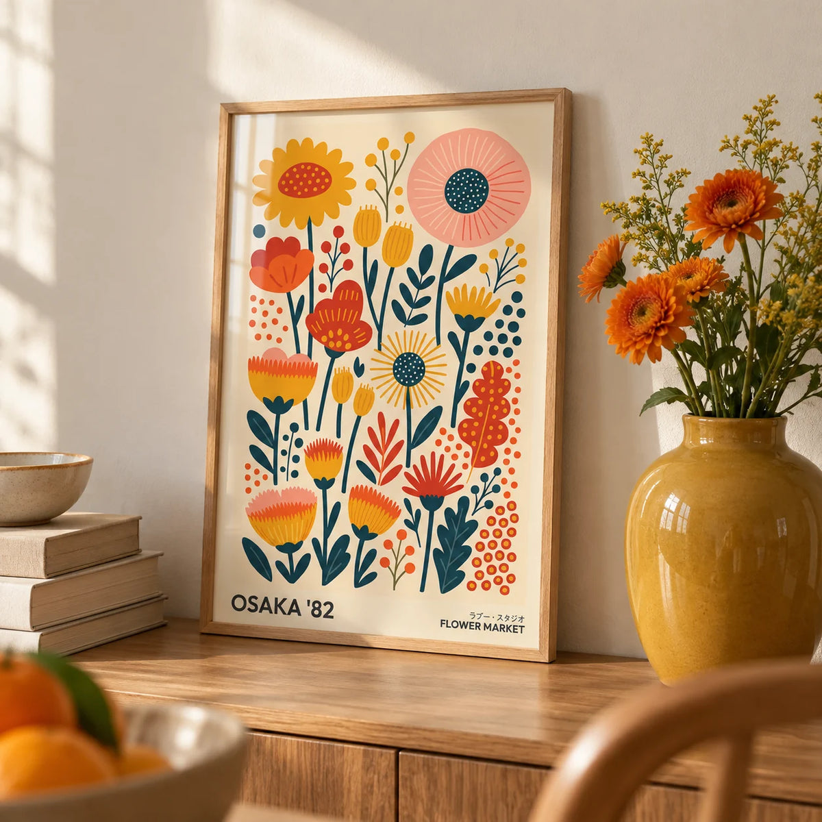 Wall Art Flowers, a small A4 framed print leaning on an oak shelf in a living room