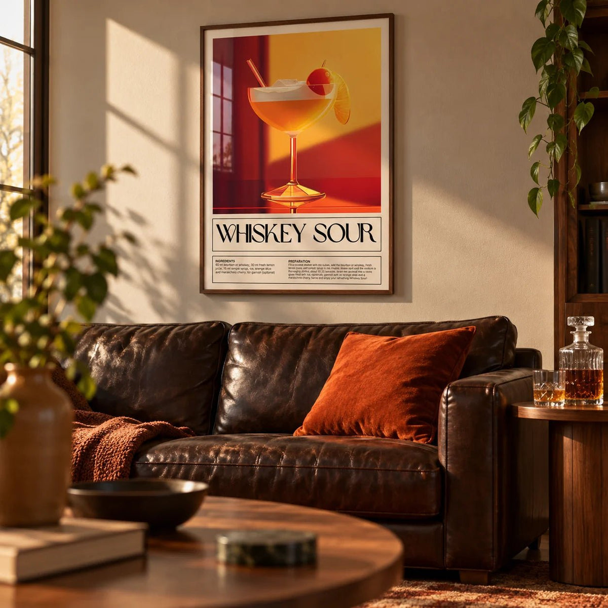 Wall Art for Bar Area, framed on the wall of a cosy den in a living room