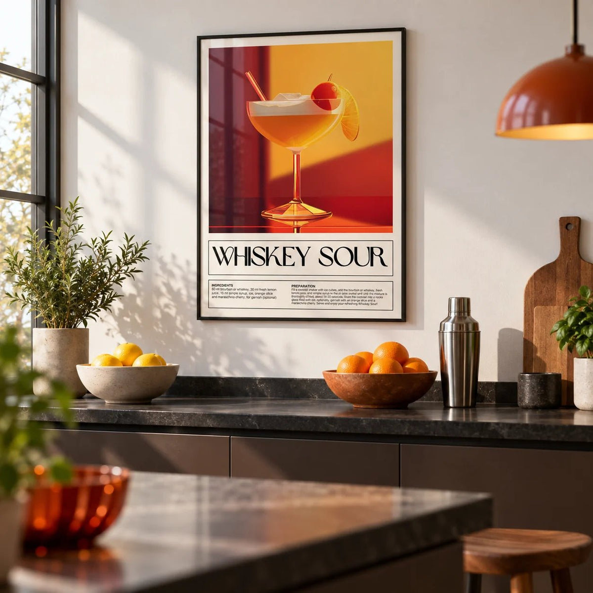 Wall Art for Bar Area, framed on the wall of a modern kitchen