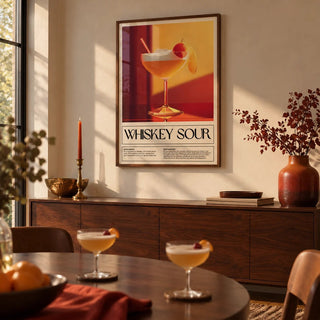 Wall Art for Bar Area, framed on the wall of a warm dining room