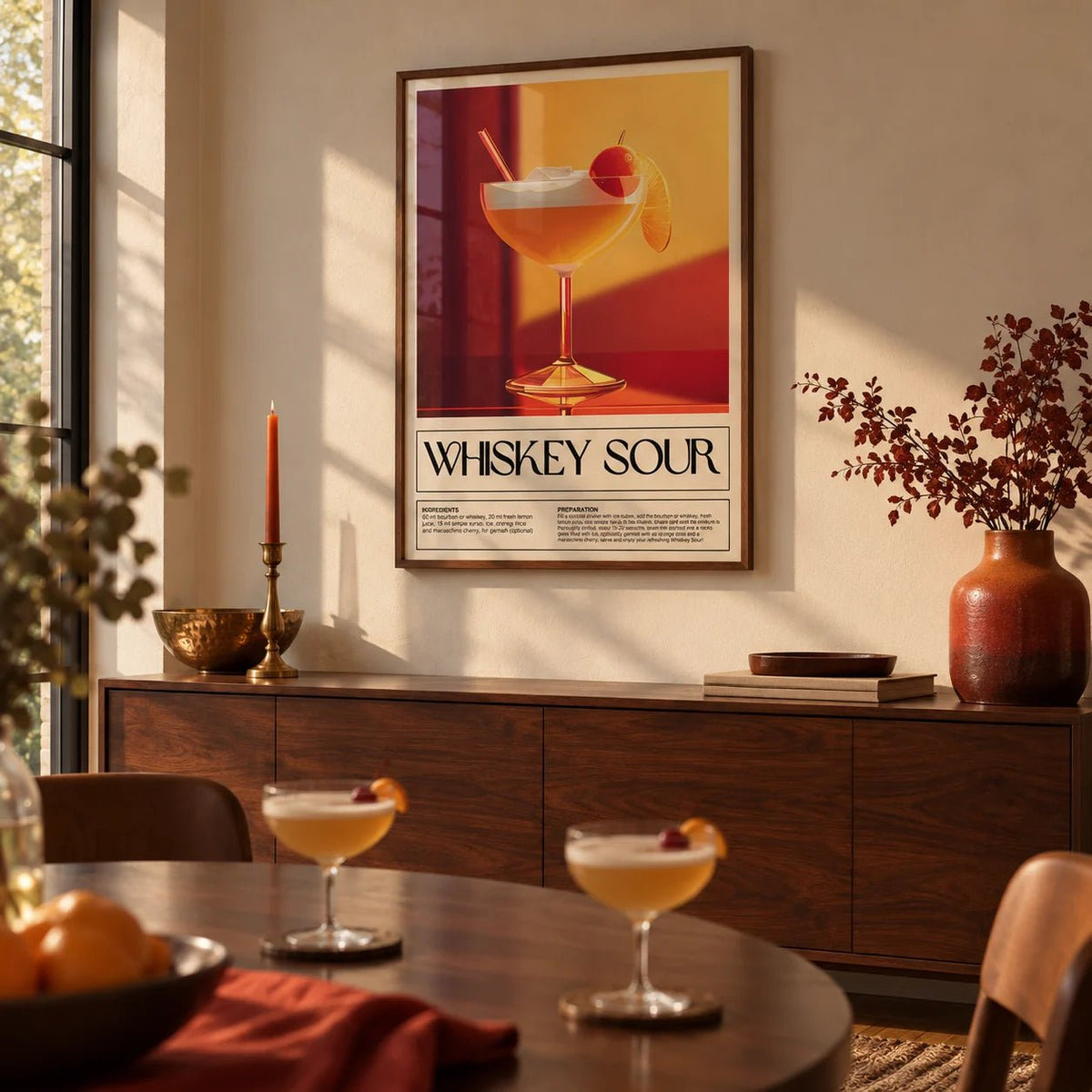 Wall Art for Bar Area, framed on the wall of a warm dining room