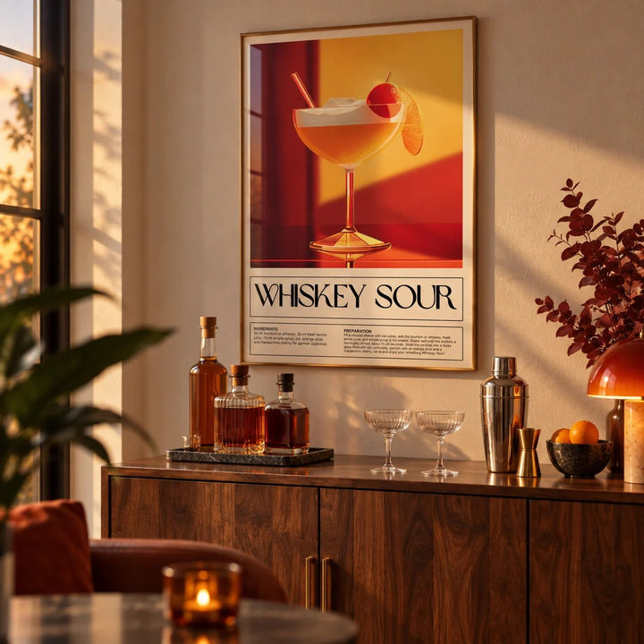 Wall Art for Bar Area, framed on the wall of a warm home bar in a living room