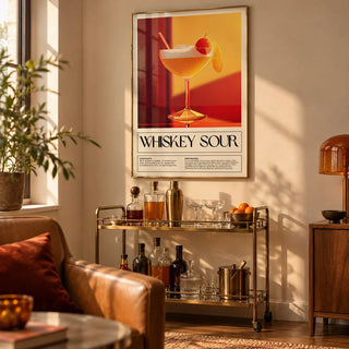 Wall Art for Bar Area, framed on the wall of a warm living room