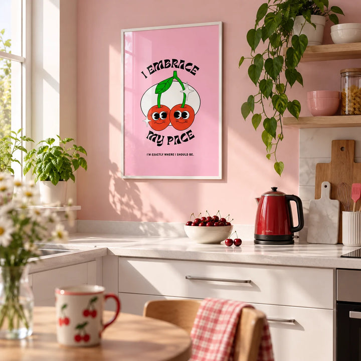 Wall Art for Dorm, framed on the wall of a cheerful first-flat kitchen (22-28) with white units and a soft pink painted wall