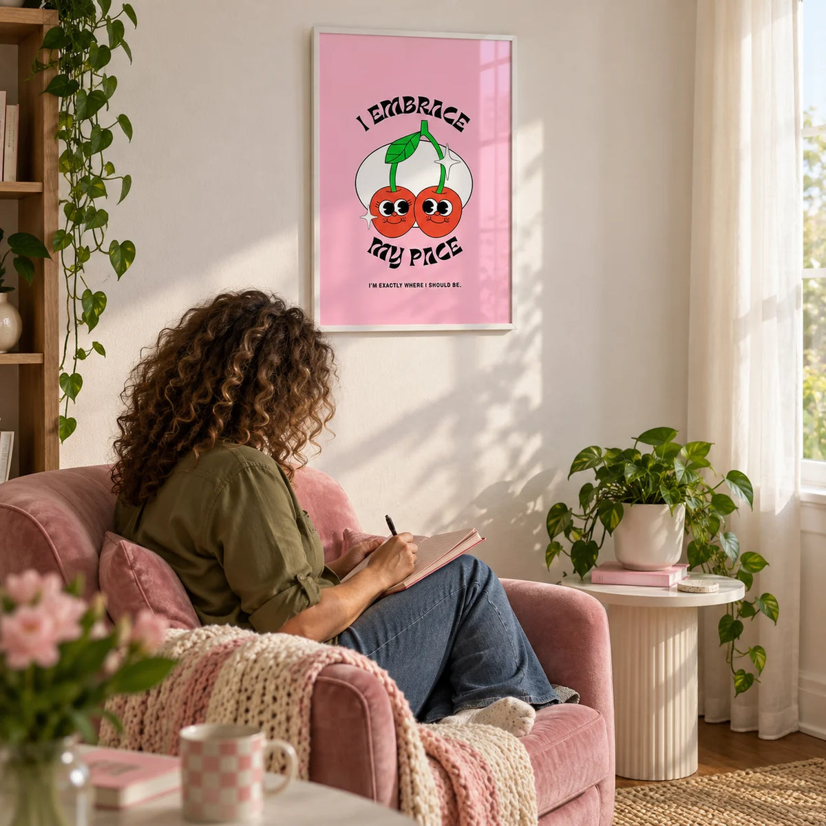Wall Art for Dorm, framed on the wall of a cosy corner in a young woman's flat with a white wall in a living room