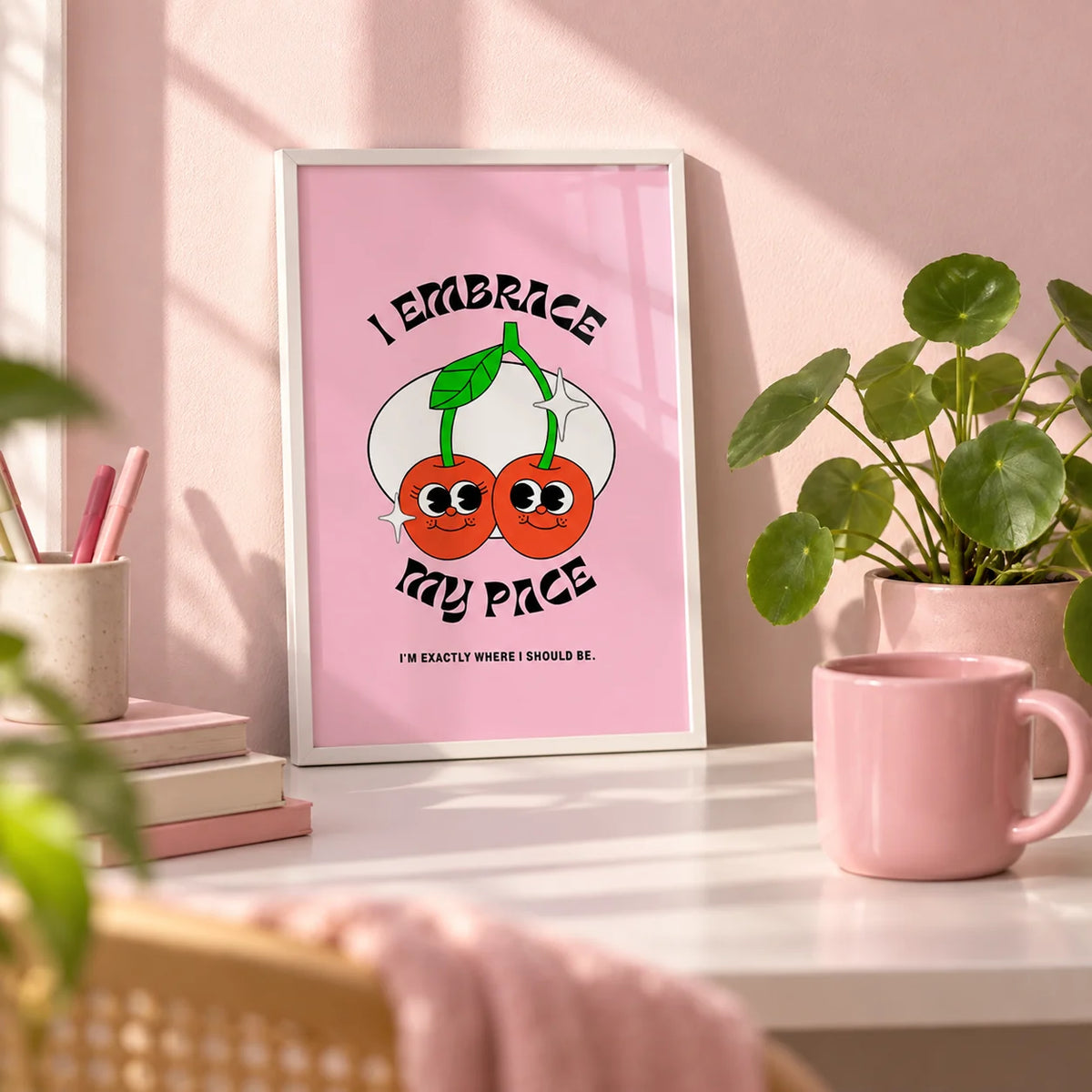 Wall Art for Dorm, a small A4 framed print leaning on a white desk