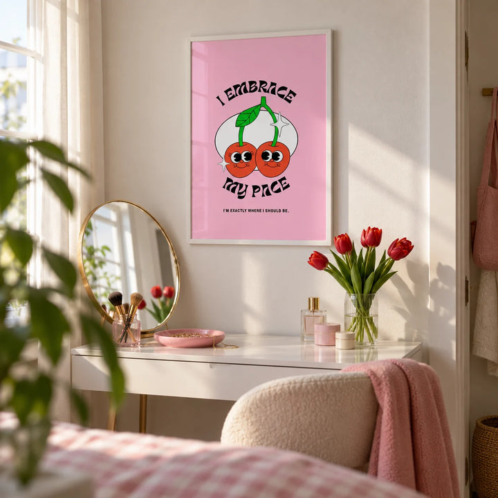 Wall Art for Dorm, framed on the wall of a young woman's dressing corner with a white wall