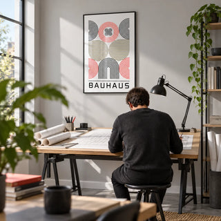 Wall Art for Home Office, framed on the wall of an architect's home studio with a pale grey wall