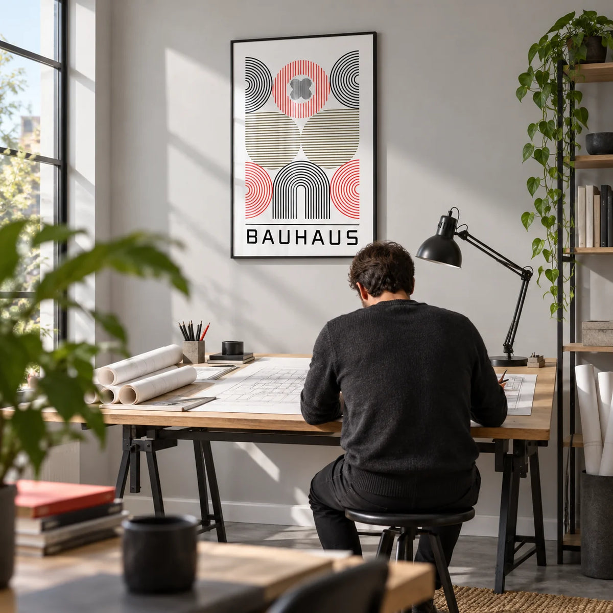 Wall Art for Home Office, framed on the wall of an architect's home studio with a pale grey wall