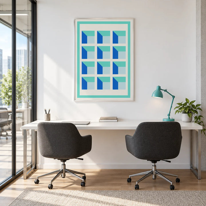Wall Art for Home Office, framed on the wall of a bright coworking nook