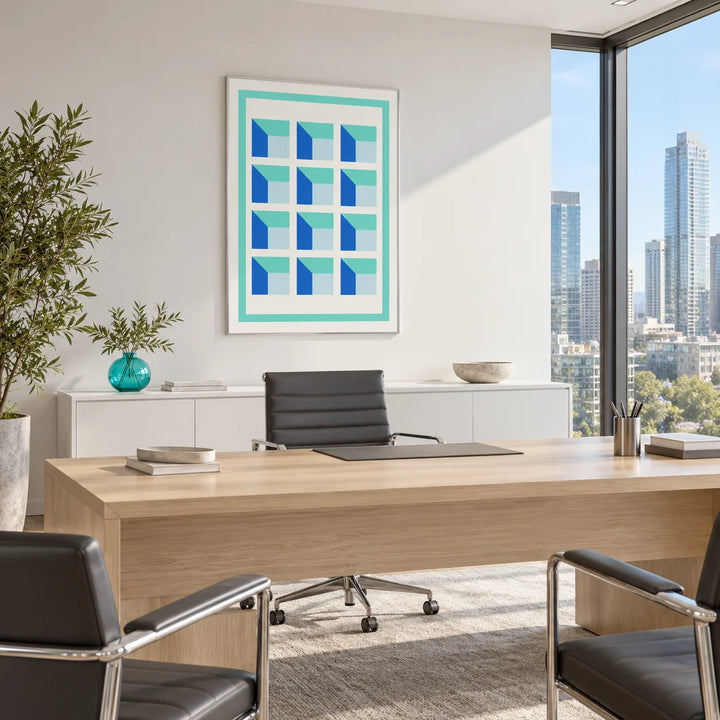 Wall Art for Home Office, framed on the wall of a bright executive office