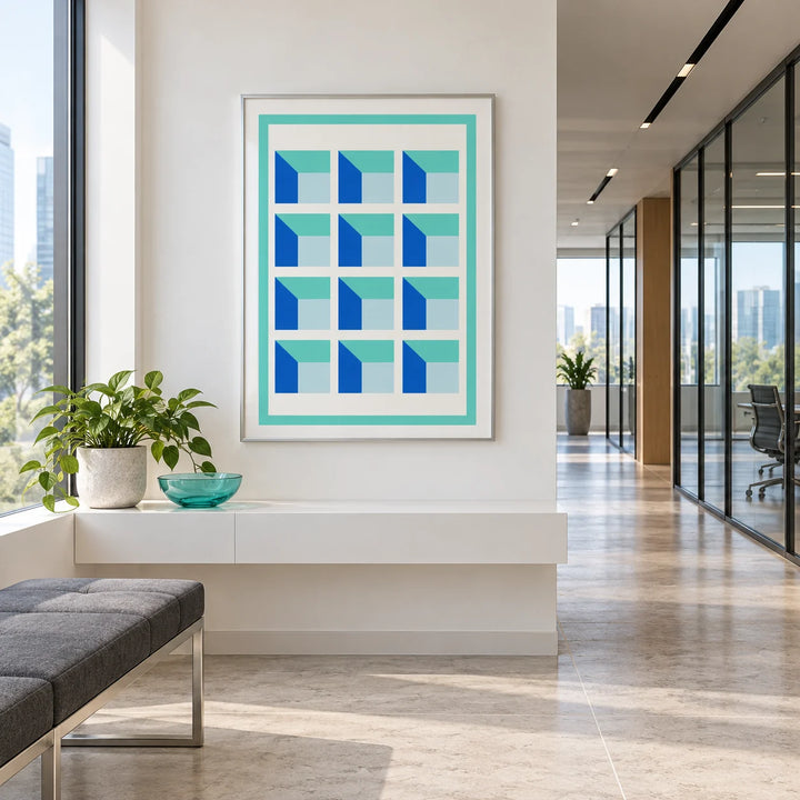 Wall Art for Home Office, framed on the wall of a bright office gallery corridor
