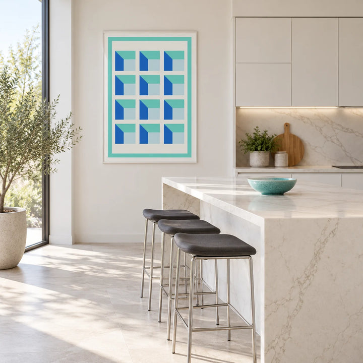 Wall Art for Home Office, framed on the wall of a bright white kitchen diner