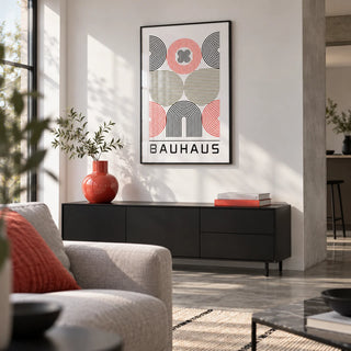 Wall Art for Home Office, framed on the wall of a design-led city-flat living room with a white wall and polished concrete