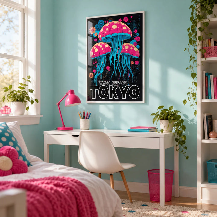 Wall Art for Kids Room, framed on the wall of a bright bedroom for an older child (8-12) with a pale turquoise wall