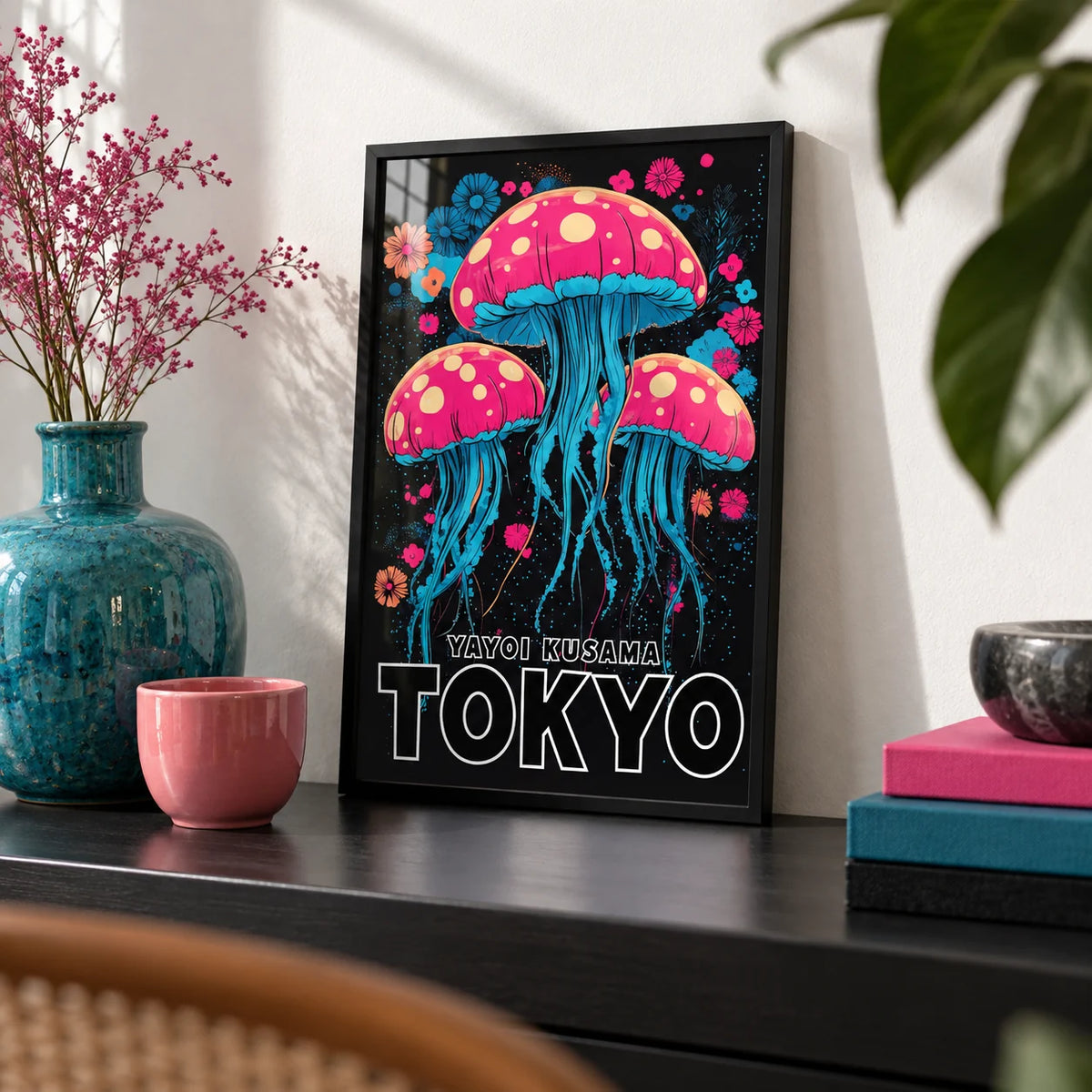 Wall Art for Kids Room, a small A4 framed print leaning on a black shelf in a living room
