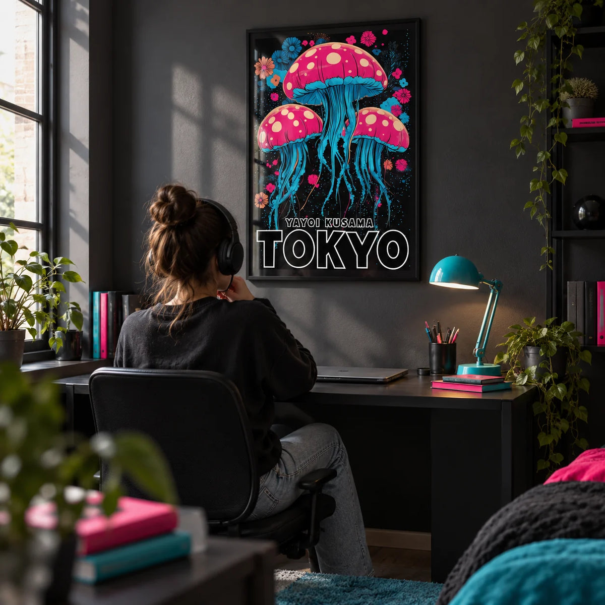 Wall Art for Kids Room, framed on the wall of a young adult's gaming and study corner with a charcoal wall
