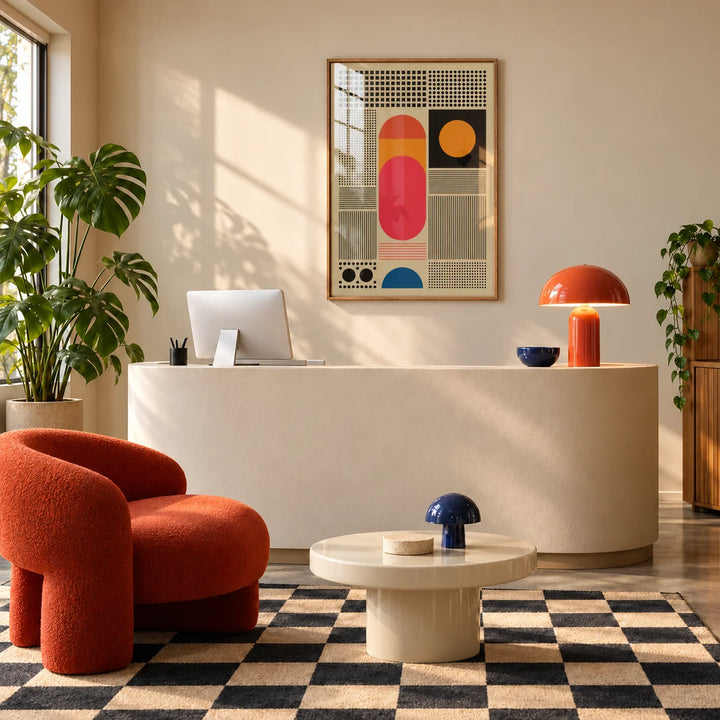 Wall Art for Office, framed on the wall of a bright office reception with a curved desk and a red lounge chair