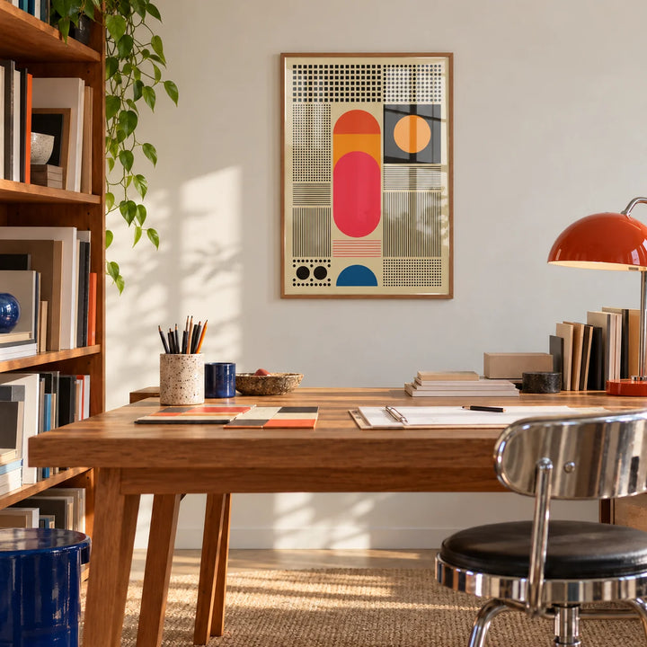 Wall Art for Office, framed on the wall of a creative design studio with bookshelves and a wooden work table