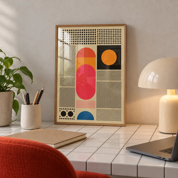 Wall Art for Office, a small A4 framed print leaning on a white tiled desk