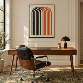 Wall Art for Offices, framed on the wall of a calm home office with cream panelled walls and a vintage green rug