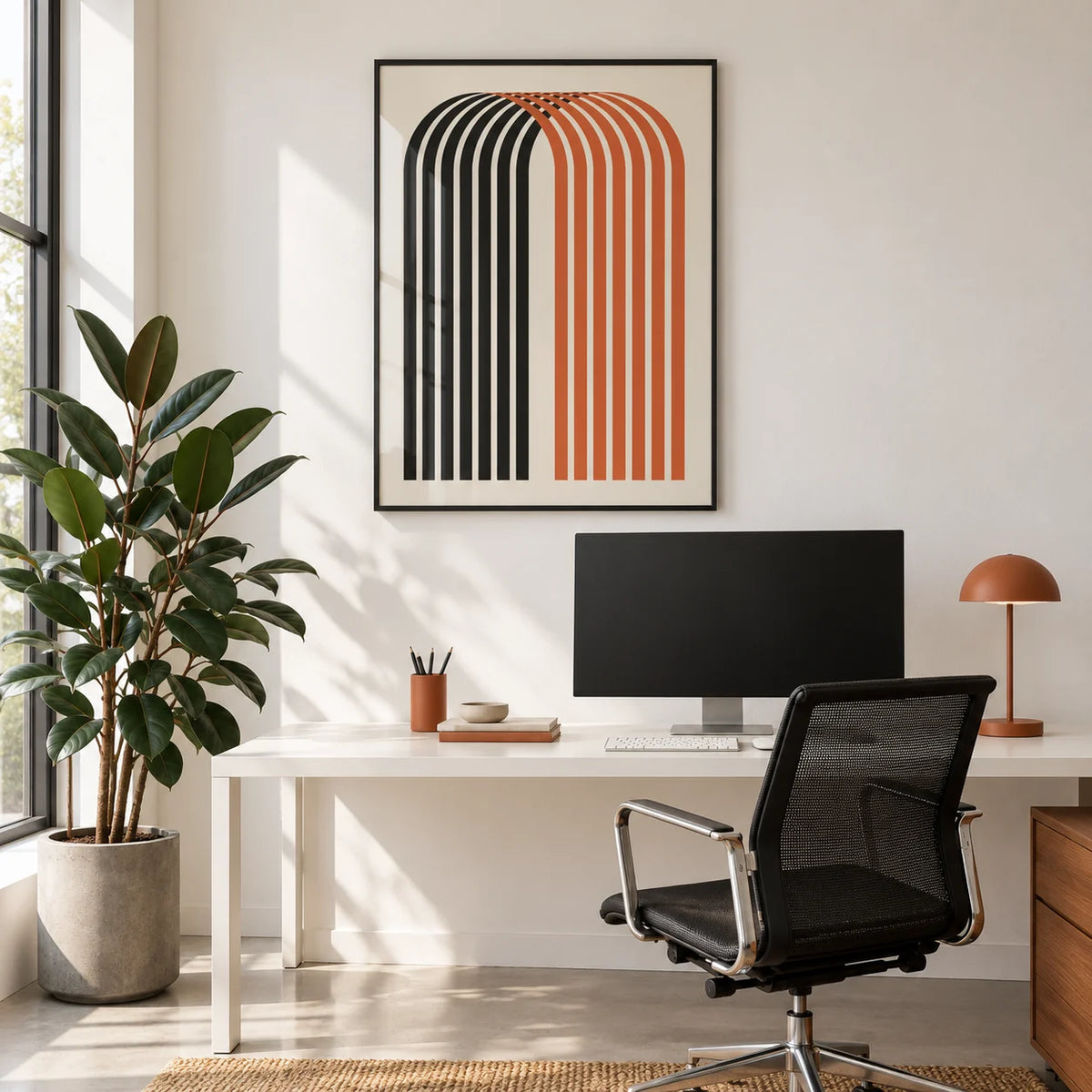 Wall Art for Offices, framed on the wall of a calm modern workplace corner with a white wall and pale polished concrete floor