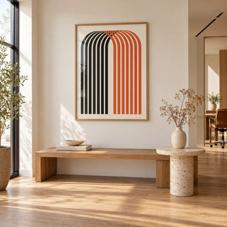 Wall Art for Offices, framed on the wall of a design-led office reception with a warm white wall and oak floor