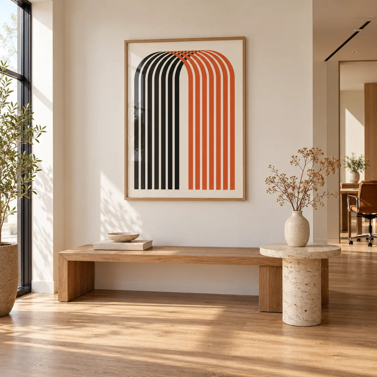 Wall Art for Offices, framed on the wall of a design-led office reception with a warm white wall and oak floor