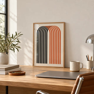 Wall Art for Offices, a small A4 framed print leaning on a white oak office desk
