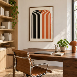 Wall Art for Offices, framed on the wall of a tidy home office with pale oak shelving along one side holding plain books and ceramics