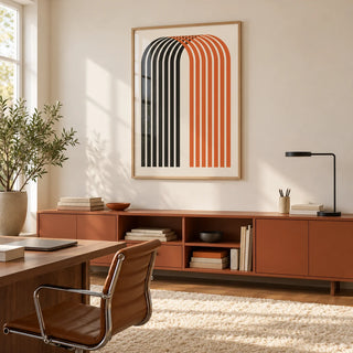 Wall Art for Offices, framed on the wall of a warm minimal room with a cream wall and a shaggy cream rug