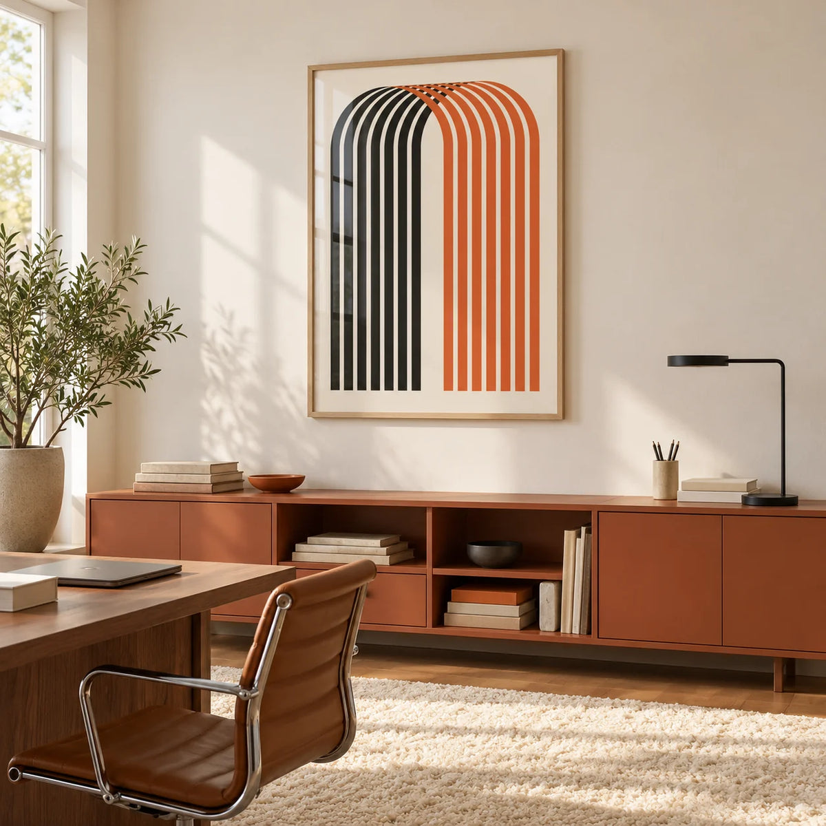 Wall Art for Offices, framed on the wall of a warm minimal room with a cream wall and a shaggy cream rug