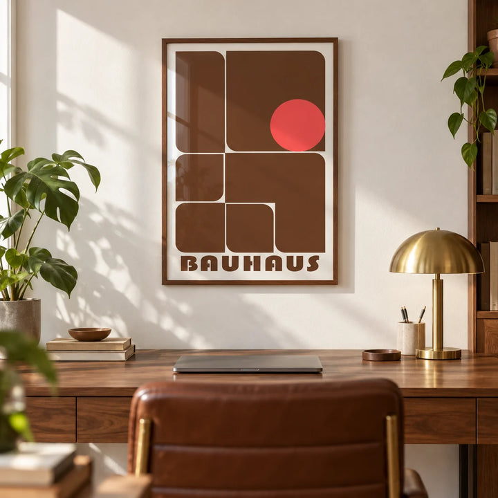 Wall Art for Offices, framed on the wall of a warm modern home office with a white wall