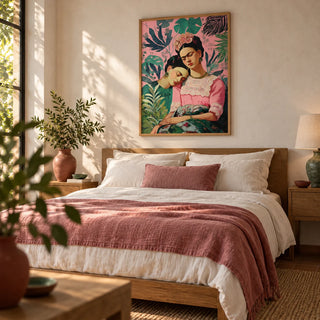 Wall Art Frida Kahlo, framed on the wall of a calm Mexican-modern bedroom with a warm white plastered wall