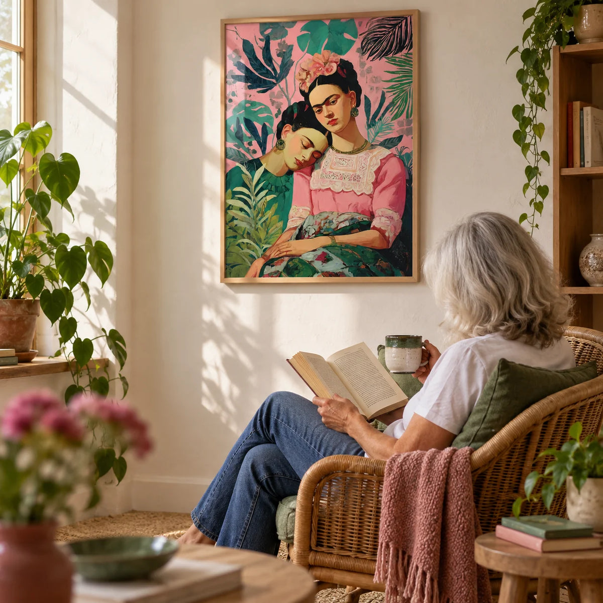 Wall Art Frida Kahlo, framed on the wall of a calm reading corner with a warm white plastered wall in a living room