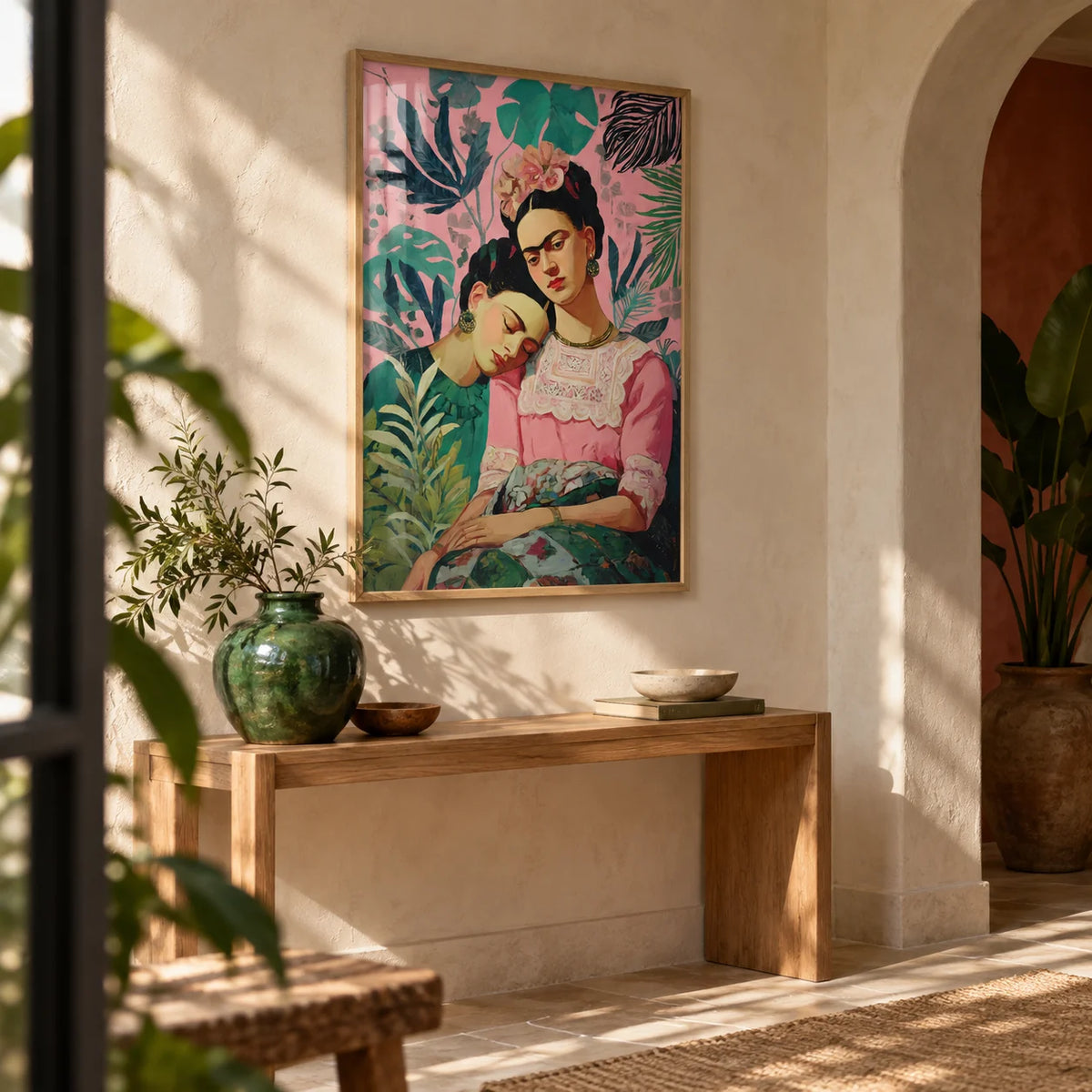 Wall Art Frida Kahlo, framed on the wall of a Mexican-modern hallway with a limewashed wall and an arched niche