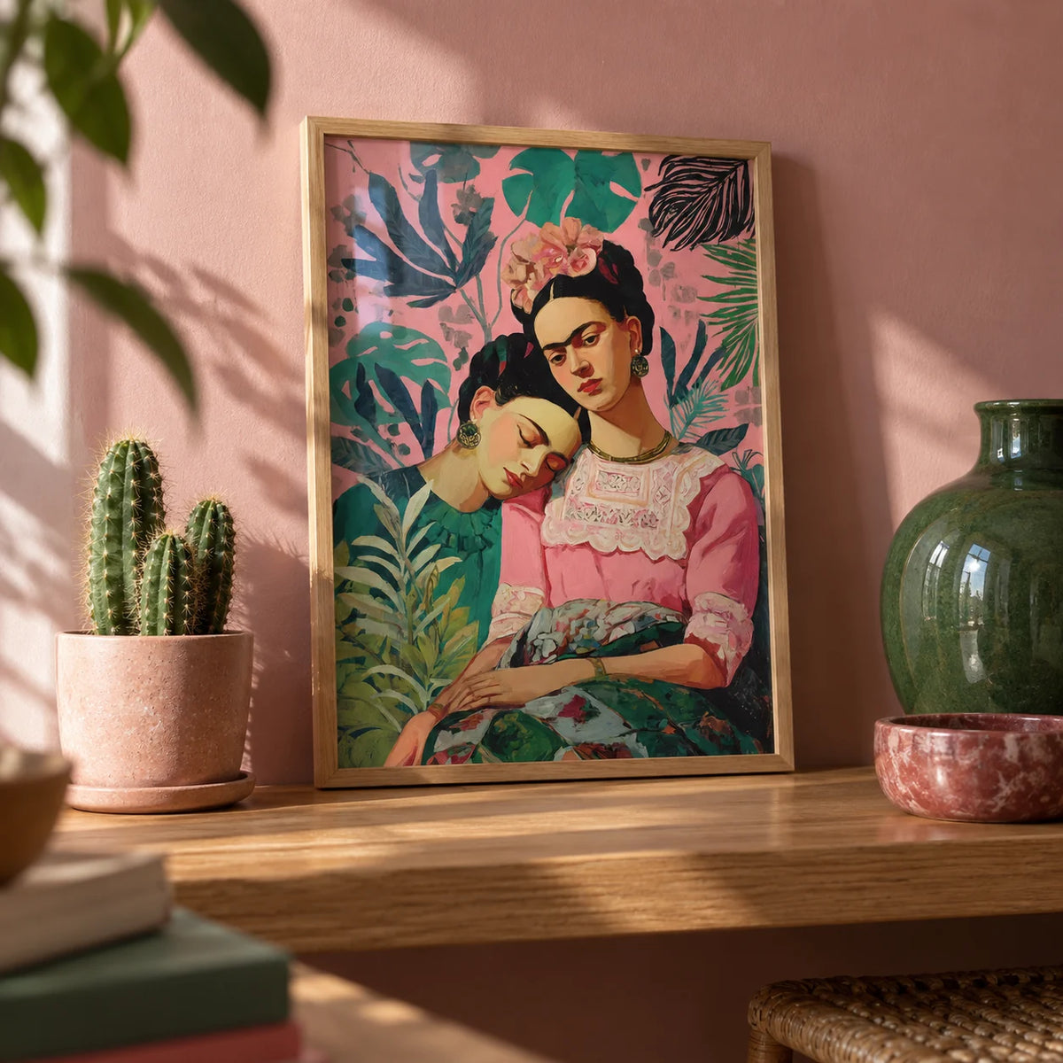 Wall Art Frida Kahlo, a small A4 framed print leaning on an oak shelf in a living room