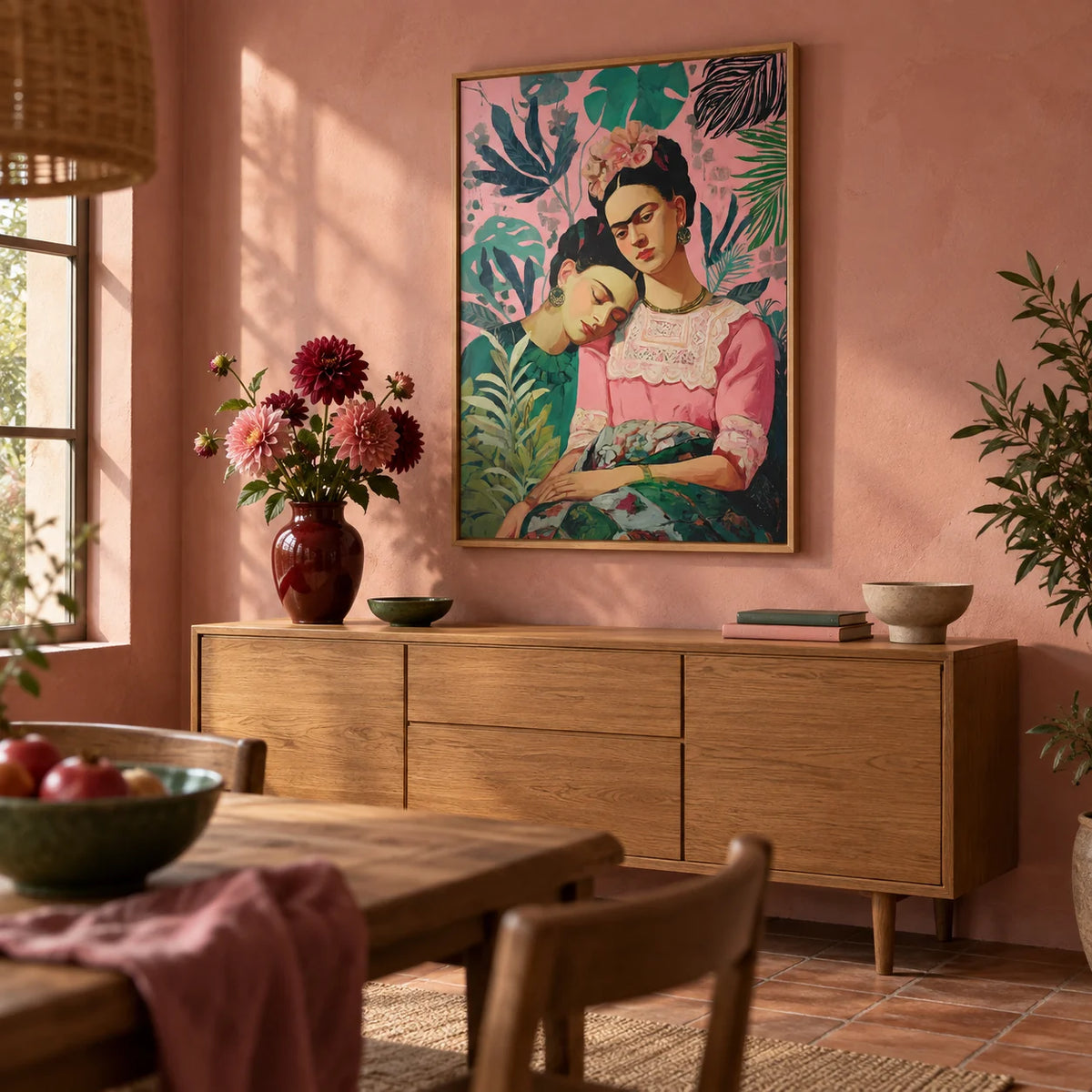 Wall Art Frida Kahlo, framed on the wall of a warm dining room with a soft pink plastered wall and a terracotta floor