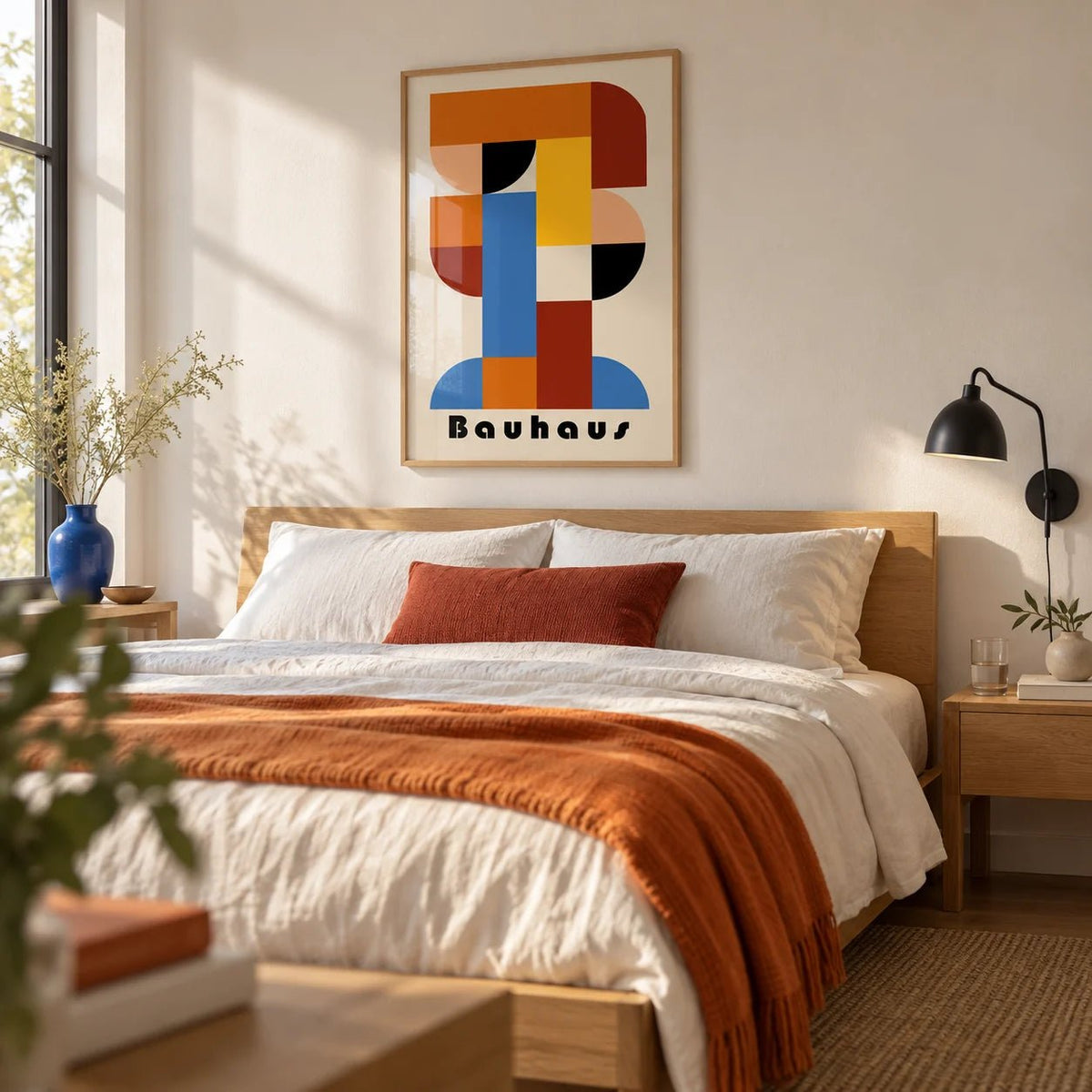 Wall Art Geometric Shapes, framed on the wall of a crisp modern bedroom