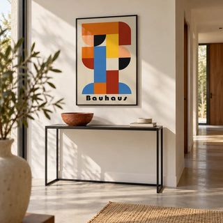 Wall Art Geometric Shapes, framed on the wall of a crisp modern hallway