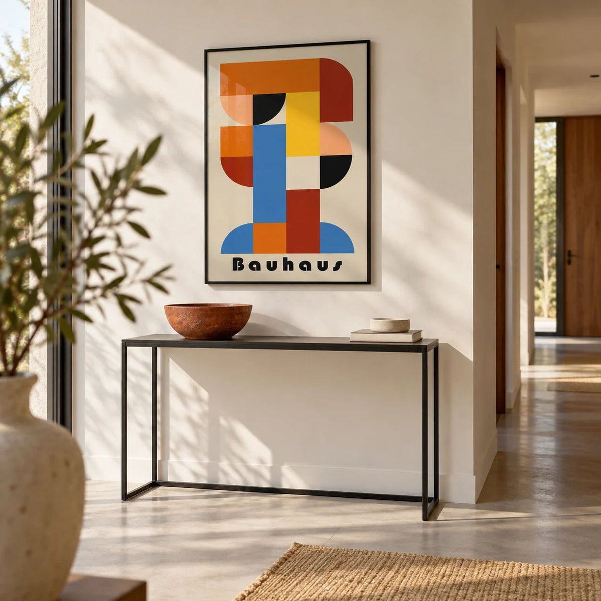 Wall Art Geometric Shapes, framed on the wall of a crisp modern hallway