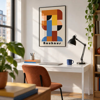 Wall Art Geometric Shapes, framed on the wall of a design studio in a city flat in a home office