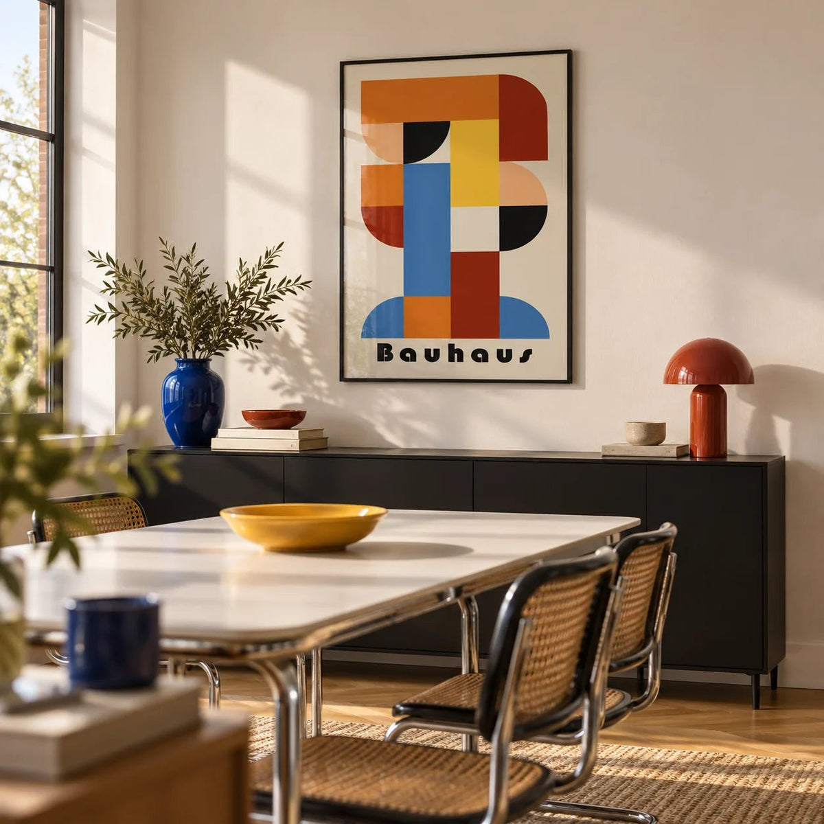 Wall Art Geometric Shapes, framed on the wall of a modern dining room