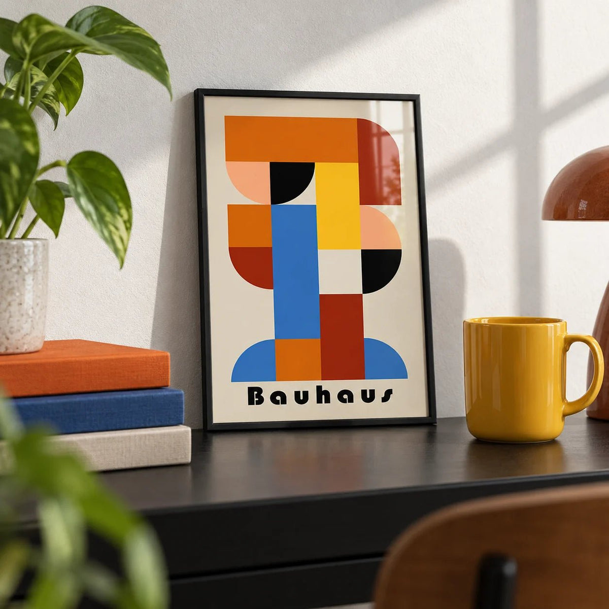 Wall Art Geometric Shapes, a small A4 framed print leaning on a black desk