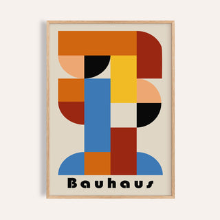 Framed print of wall art geometric shapes with Bauhaus text in red, blue and yellow colours