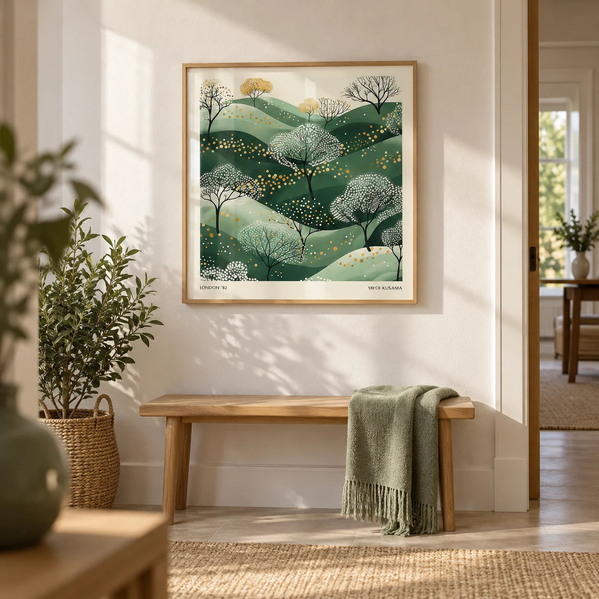 Wall Art Green, framed on the wall of a bright hallway with a soft white wall