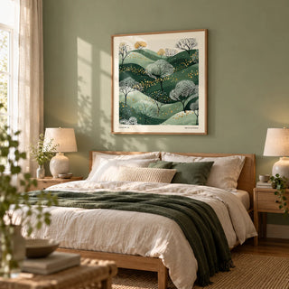 Wall Art Green, framed on the wall of a calm bedroom with a sage green painted wall